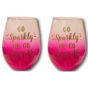 Set of Two Go Sparkly or Go Home Stemless Pink Ombre Glittery Wine Glasses